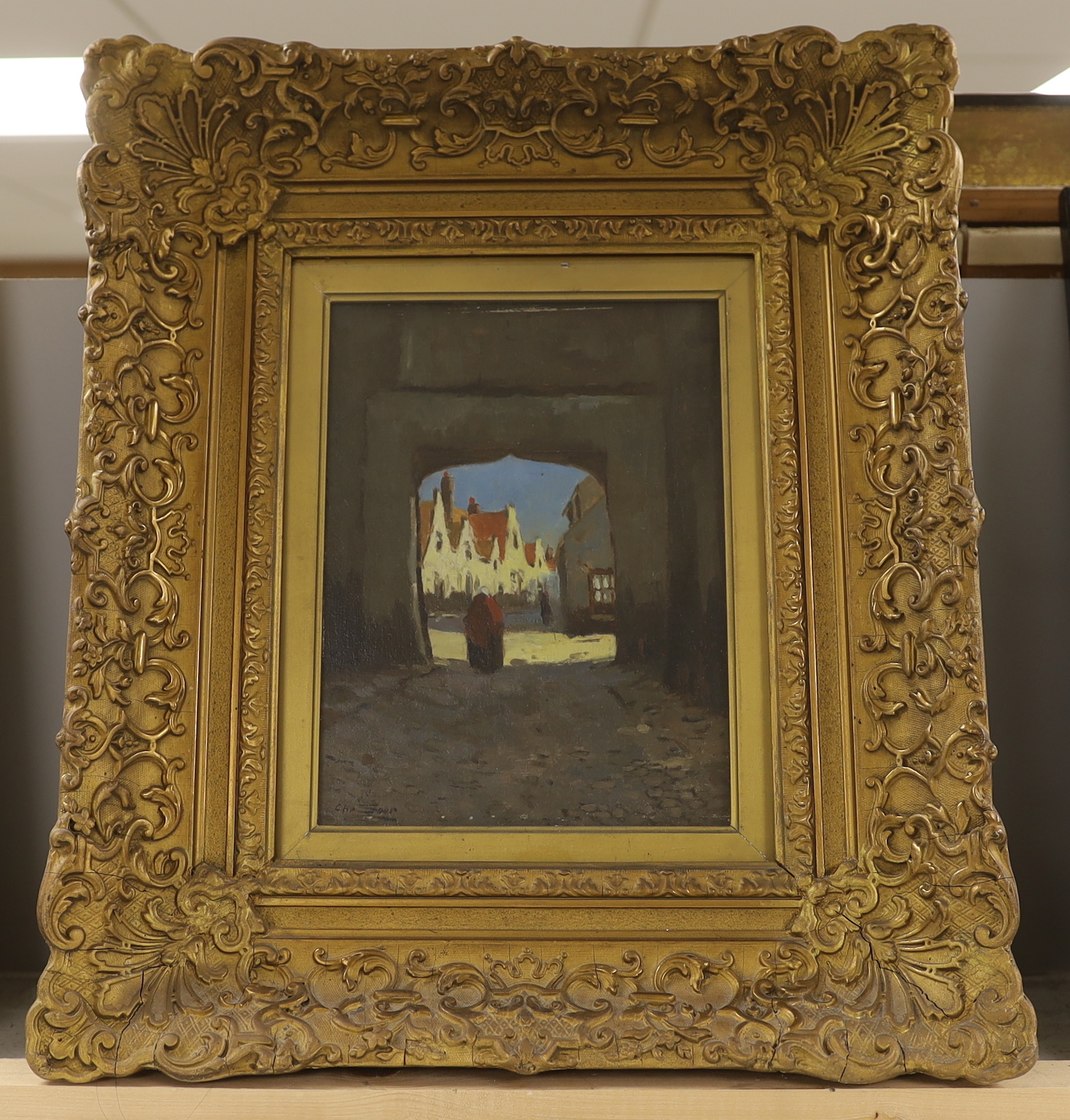 Christiaan Soer (Dutch, 1882-1962), oil on panel, Continental town scene with figure beneath an archway, signed, 23 x 17cm, ornate gilt framed